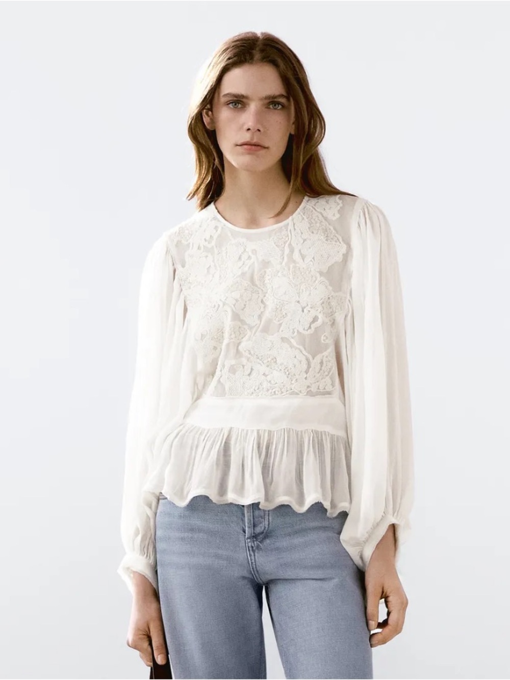 Massimo Dutti NWT Ivory Lace Embroidered Peplum Blouse Small Ref 5155/973